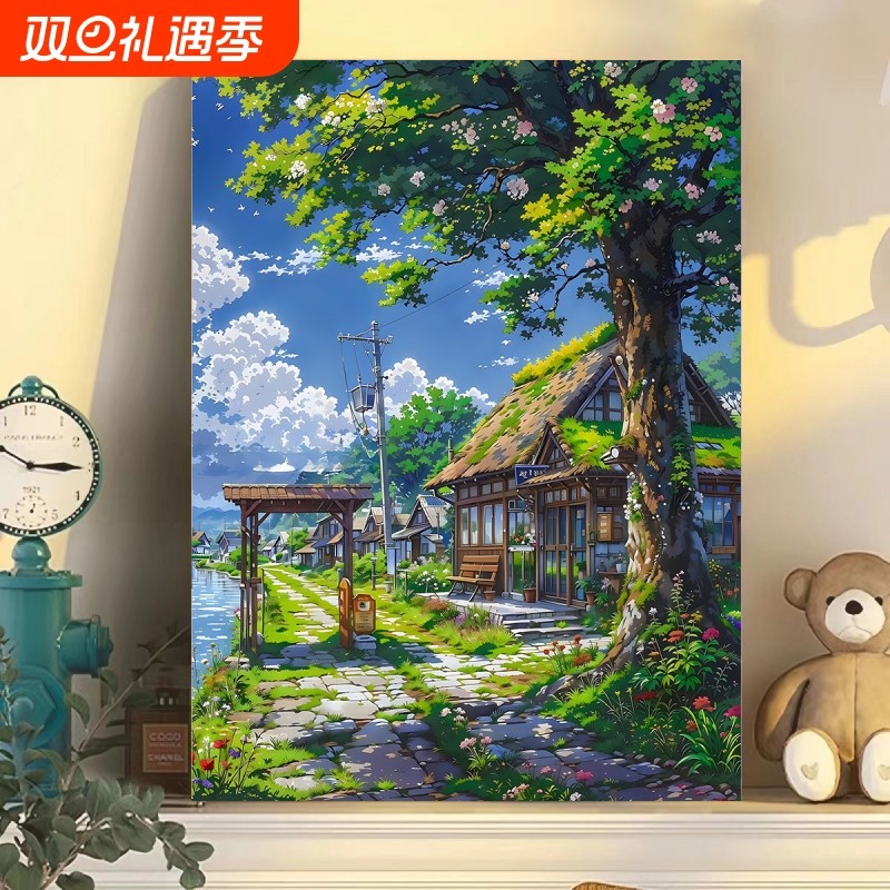 宫崎骏风景数字油画diy手绘填色治愈ins客厅丙烯装饰画肌理手工