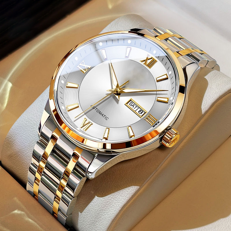 正品瑞士2024新款手表男士全自动机械风防水精钢带双日历男表夜光