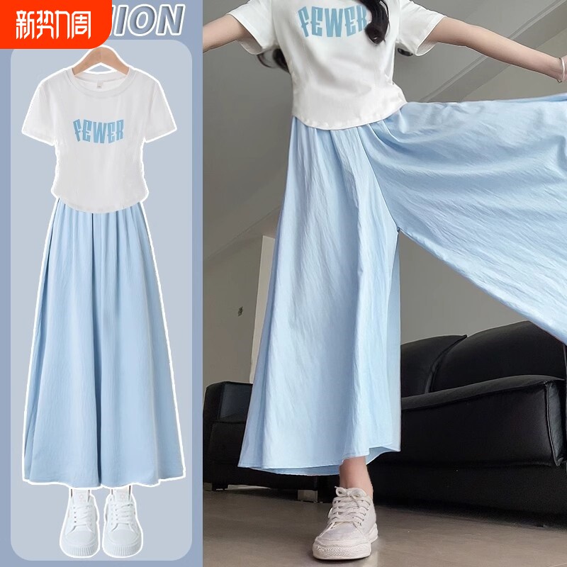 女童套装夏季薄款时尚冰丝裤休闲裤裙两件套儿童宽松阔腿裤新款