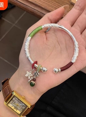 幂琳2026新款碧玉繁花开口纯银手镯女s999足银镯子实心南瓜推拉