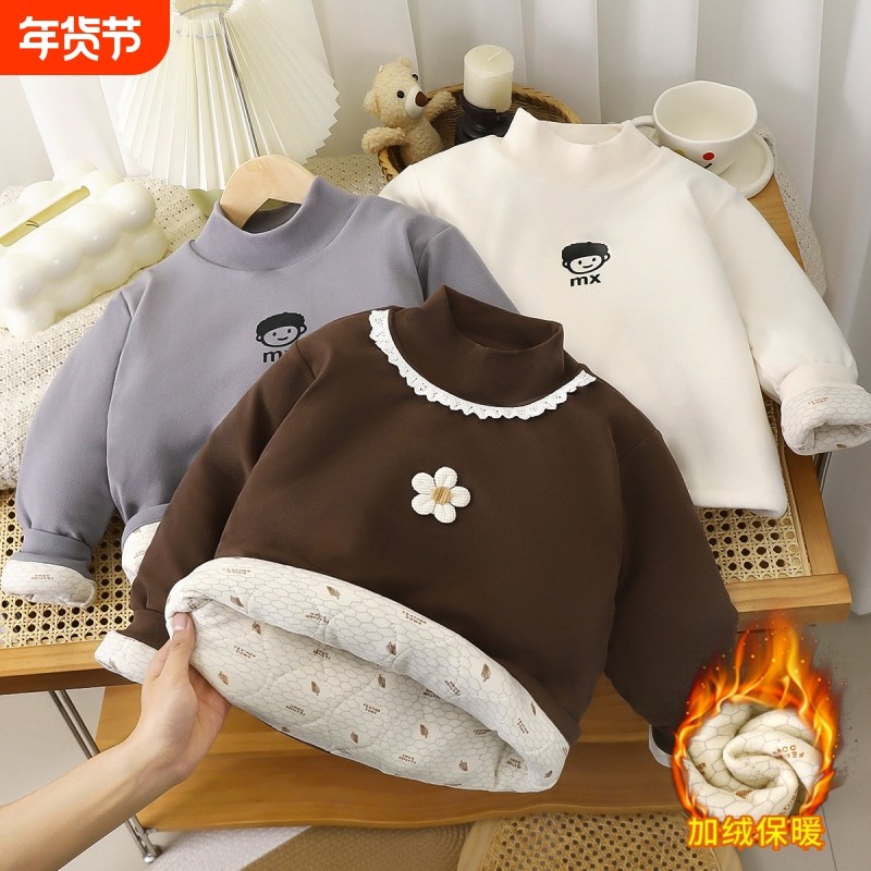 2025秋冬新款加绒加厚儿童卫衣男女童卡通单上衣夹棉打底白色蚕丝