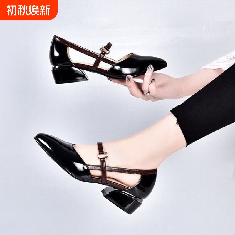 意尔康心选皮面包头凉鞋2024新款女鞋中跟漆皮女软皮百搭一脚蹬女图片