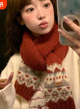 费尔岛新年针织毛线红色围巾女冬季2025新款韩系氛围感项链围脖