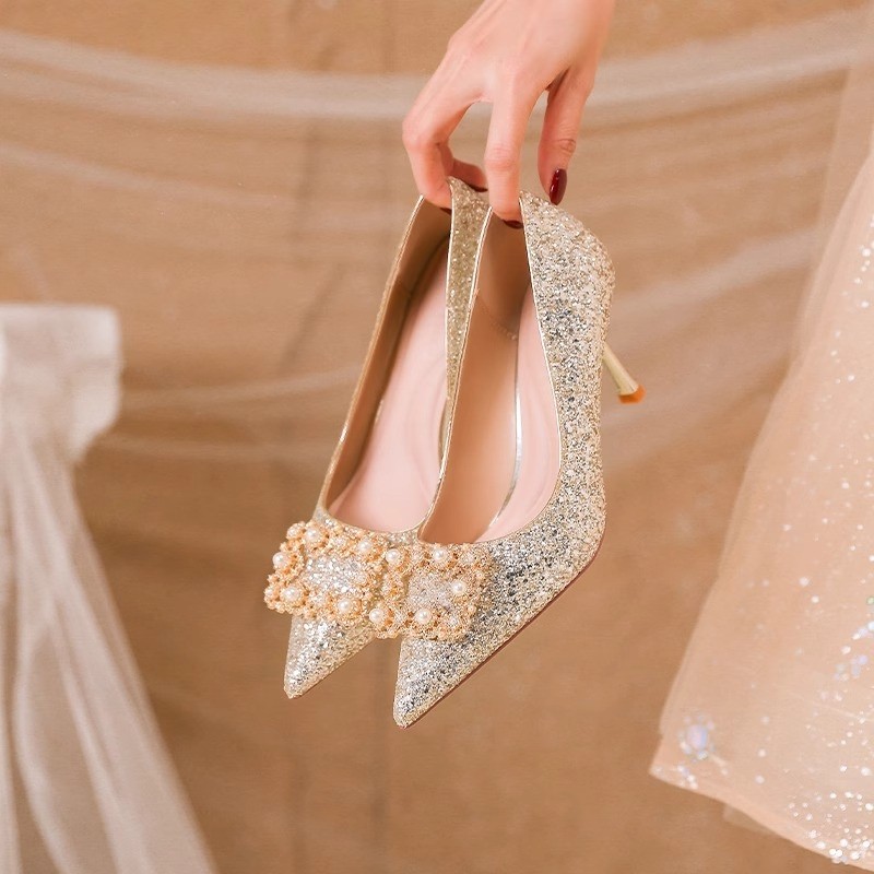 法式平常婚鞋女2025香槟色禾秀婚纱两穿新娘高跟鞋新款可穿不累脚