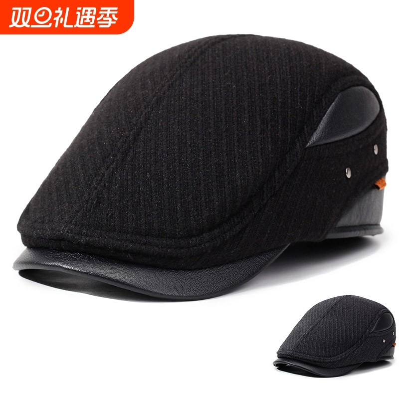 中老年人护耳保暖前进帽子男士秋冬季鸭舌帽男贝雷帽黑色毛呢防寒