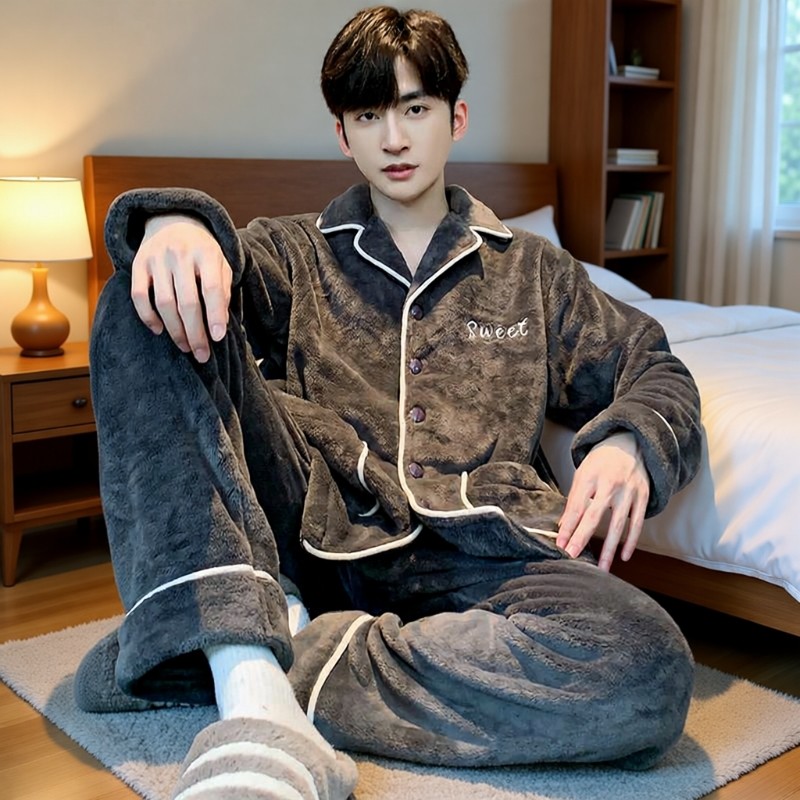 珊瑚绒睡衣男士秋冬款冬季加厚加绒保暖法兰绒青少年家居服男套装