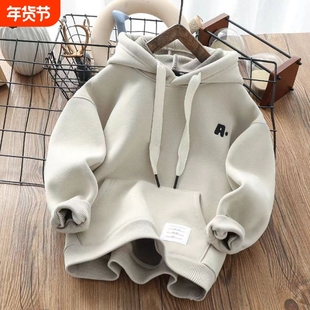 男童加厚卫衣儿童一体绒字母印花连帽上衣中大童保暖绒衫休闲百搭
