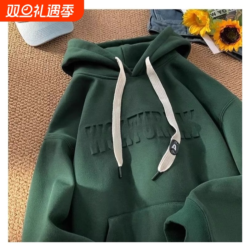 2024卫衣男春秋冬款潮牌美式宽松衣服男生连帽外套加绒红色黑色