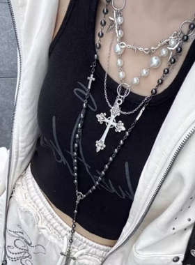 哥特叠戴十字架项链流苏choker颈链朋克配饰多层毛衣链串珠贝壳
