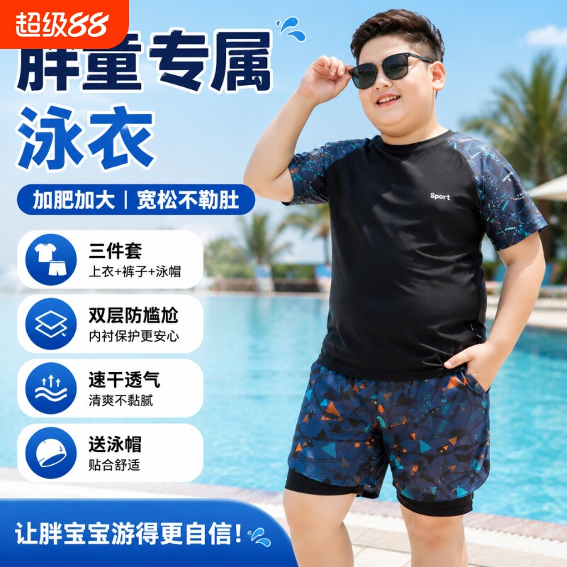 胖童双层泳衣男童分体套装加肥加大码青少年男孩游泳衣中大童泳裤