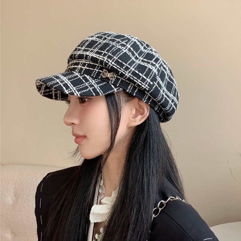 秋冬英伦复古格子韩版报童画家帽女款八角帽子贝雷帽百搭时尚格纹