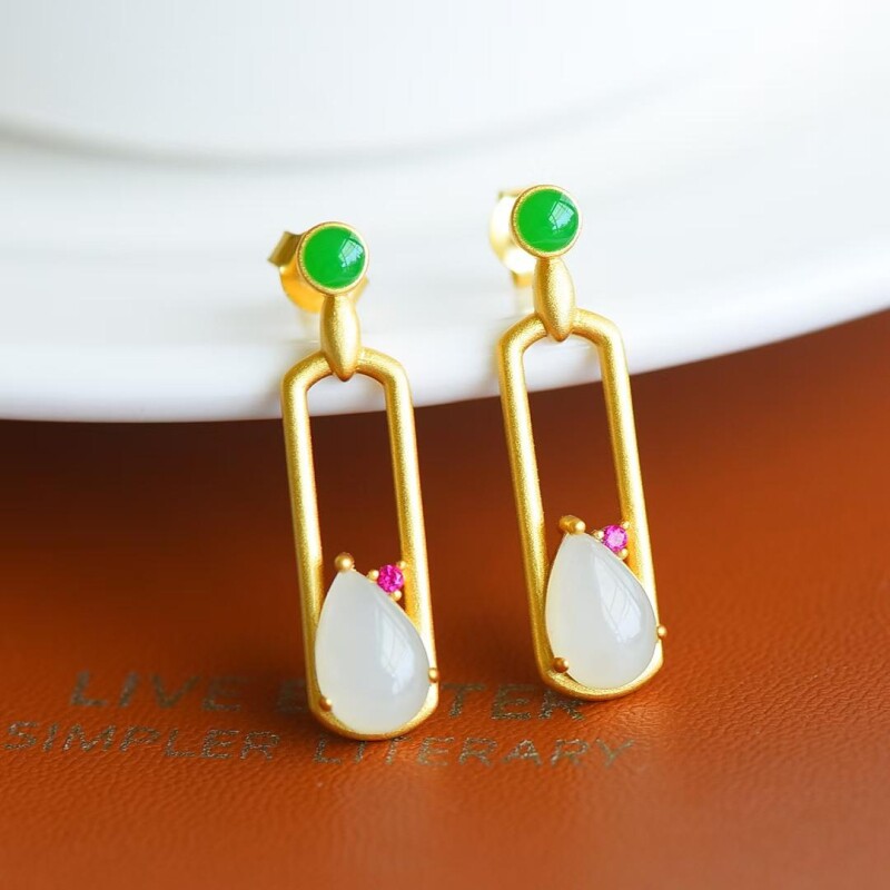 新疆和田碧玉耳钉耳环925银镶古法金女耳钉阳绿耳坠饰品送女友礼