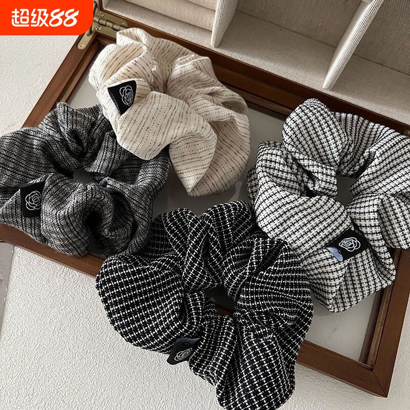 新款法式优雅气质大肠发圈复古格纹褶皱发绳韩版网红发饰女山茶花