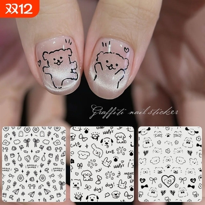 网红爆款ins涂鸦卡通猫咪美甲贴纸可爱爱心蝴蝶结指甲贴平面装饰