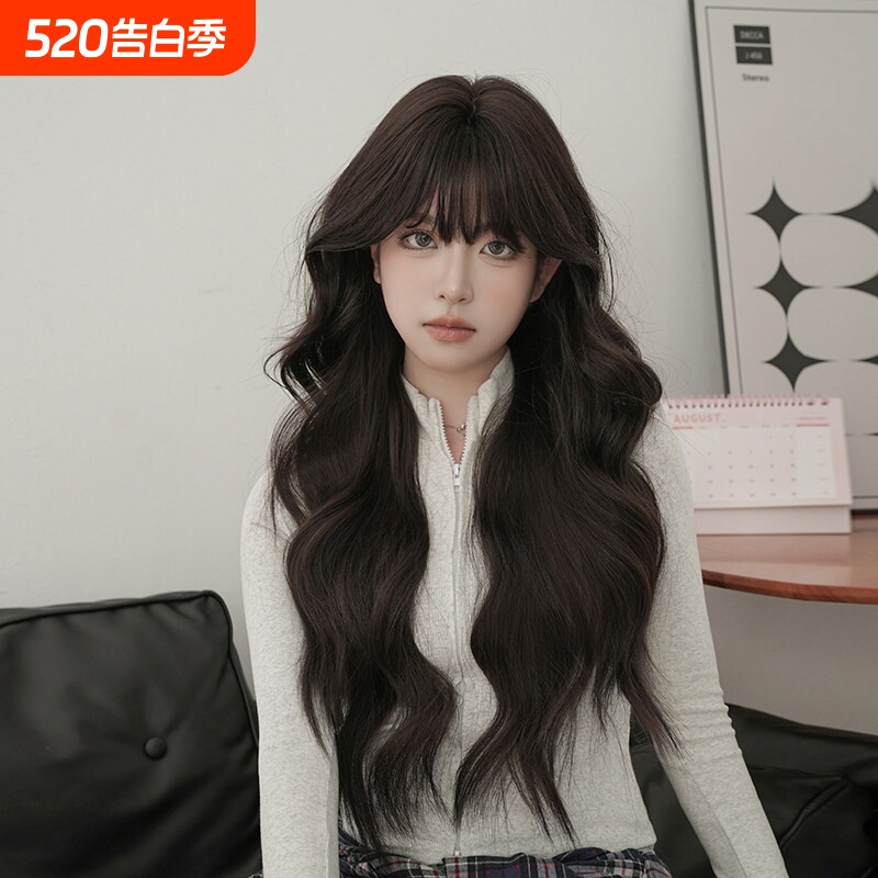 假发女长发假发全头套女仿真发自然齐刘海大波浪卷发黑色日常整顶