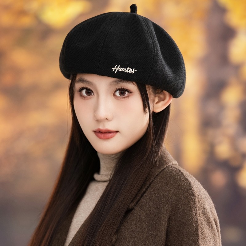 新款简约字母刺绣贝雷帽子女春秋季复古英伦风百搭显脸小画家帽潮