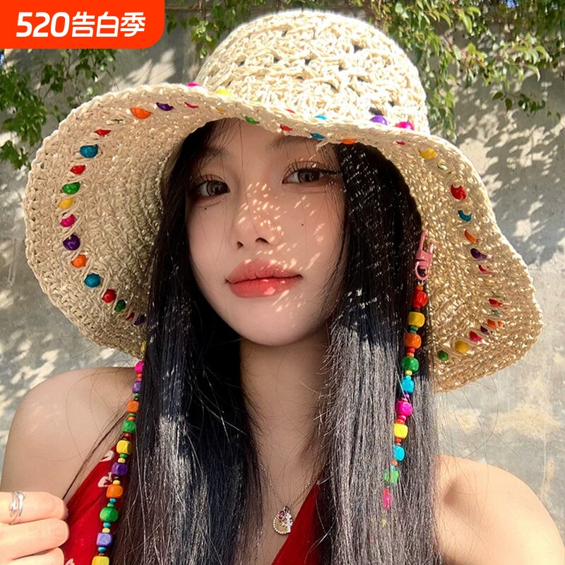 泫雅风镂空大帽檐草帽女2026新款夏季显脸小渔夫帽防紫外线遮阳帽