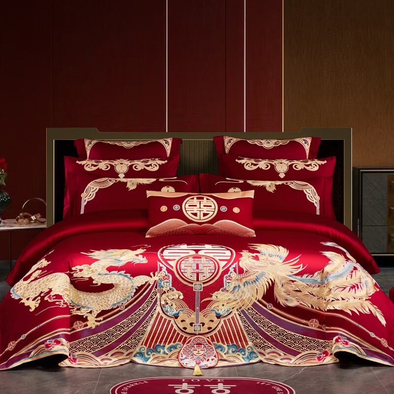 120支新疆长绒棉婚庆四件套龙凤纯棉刺绣全棉结婚床上用品4新婚