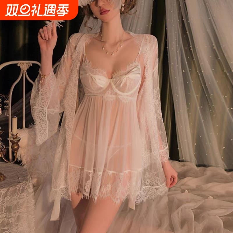 法式性感睡衣女夏季女款2024新款纯欲风网纱春秋蕾丝吊带睡裙套装