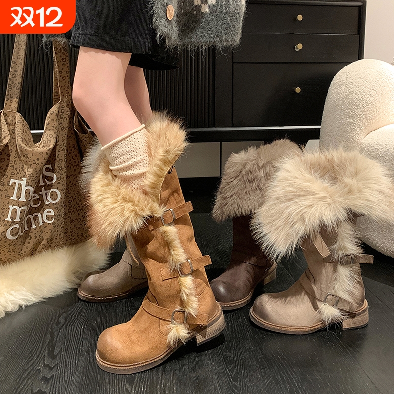 莫斯科俄式长筒雪地靴女2025加绒保暖冬季新款时装风毛毛棉鞋高筒