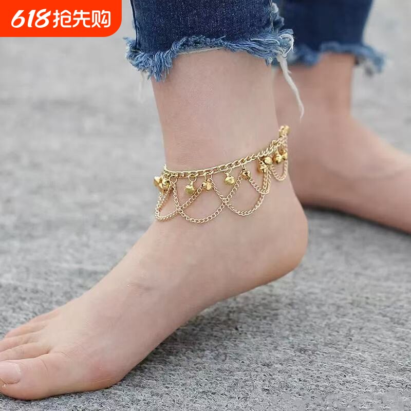 欧美爆款波西米亚风流苏铃铛脚链个性女时尚彩色沙滩海边脚饰品女