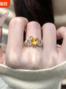 爆闪满钻橙色芬达方糖戒指女款轻奢小众设计高级感百搭不规则指环