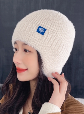 护耳针织毛线帽子女秋冬季保暖套头帽加厚包头帽红色白色防风骑车
