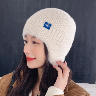 护耳针织毛线帽子女秋冬季保暖套头帽加厚包头帽红色白色防风骑车