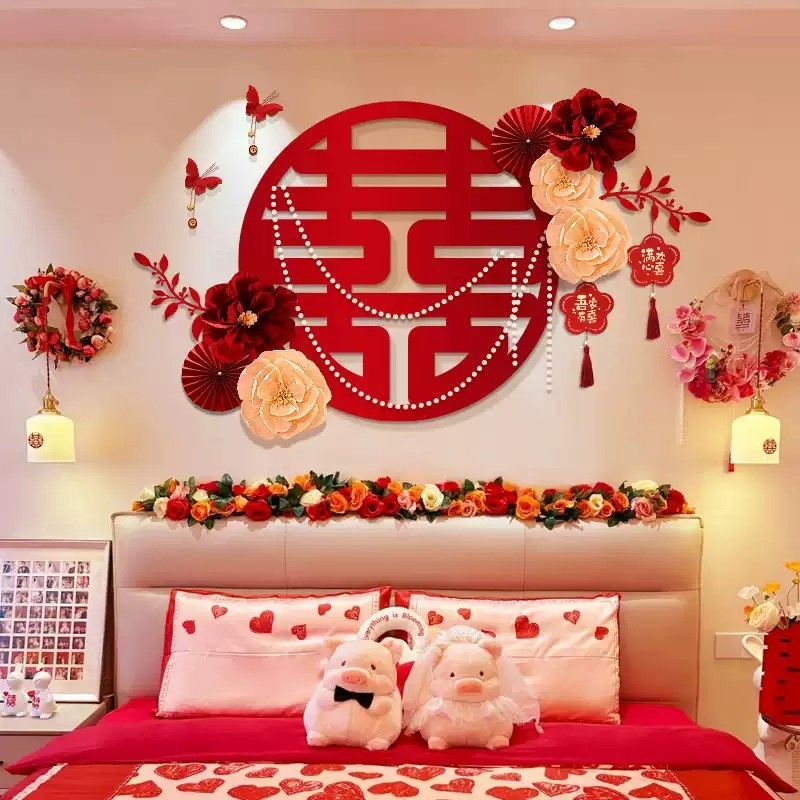 婚房布置女方卧室简单大气床头背景墙装饰结婚男方新房2025套装