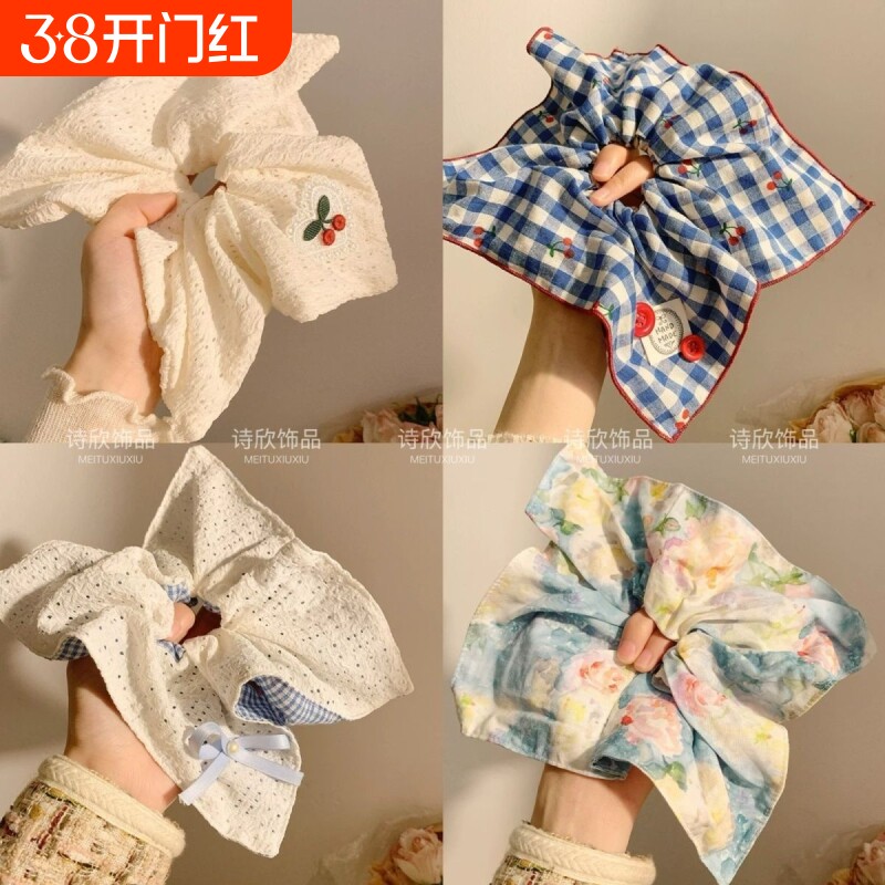 韩系蓝色格子方巾大肠发圈女方形头绳高级感慵懒风扎头发大号发饰