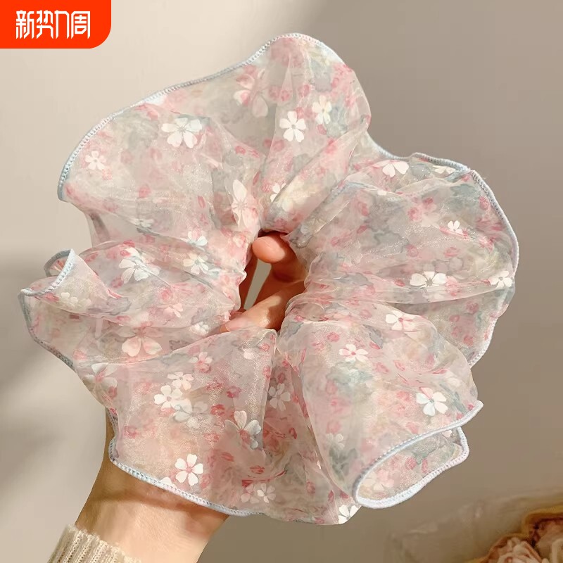 柔软泡泡纱韩国粉色碎花大肠发圈女高级感仙气慵懒风头绳发饰超大