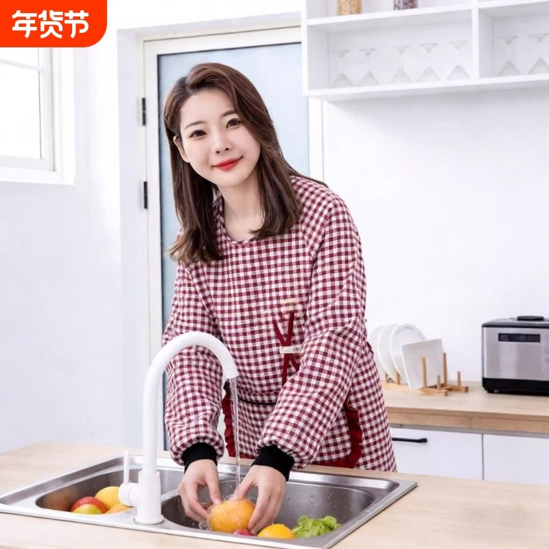 围裙女外穿时尚新款棉布长袖罩衣厨房防污透气家用做饭上班工作服
