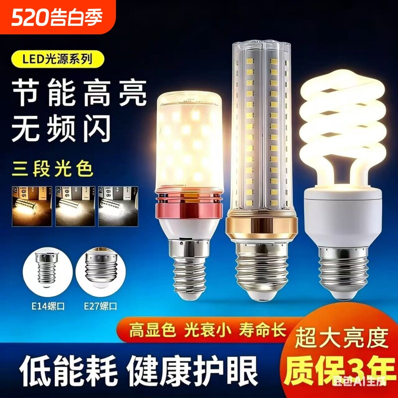 led灯泡e14e27大小螺口家用节能超亮吊灯led玉米三色变光