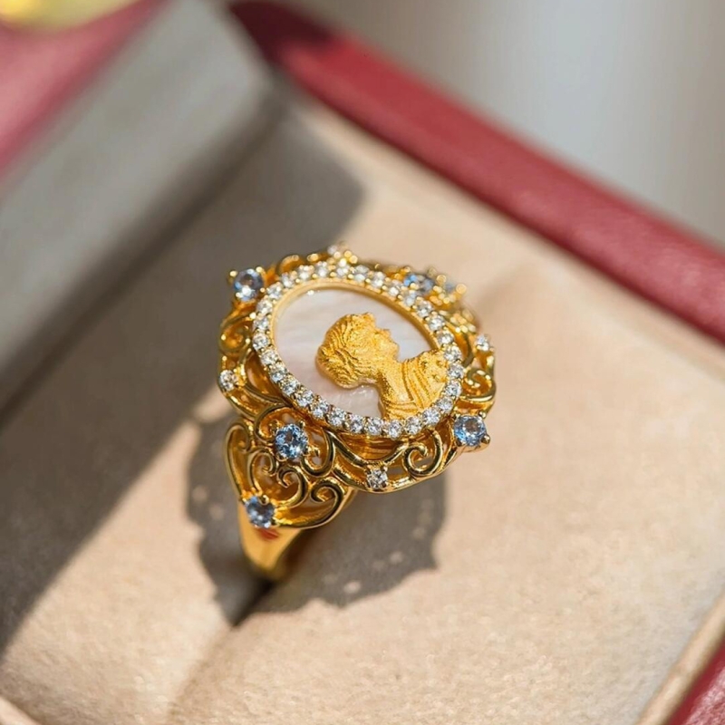 中古女王头像开口戒指女小众设计复古轻奢优雅女神锆石高级感手饰