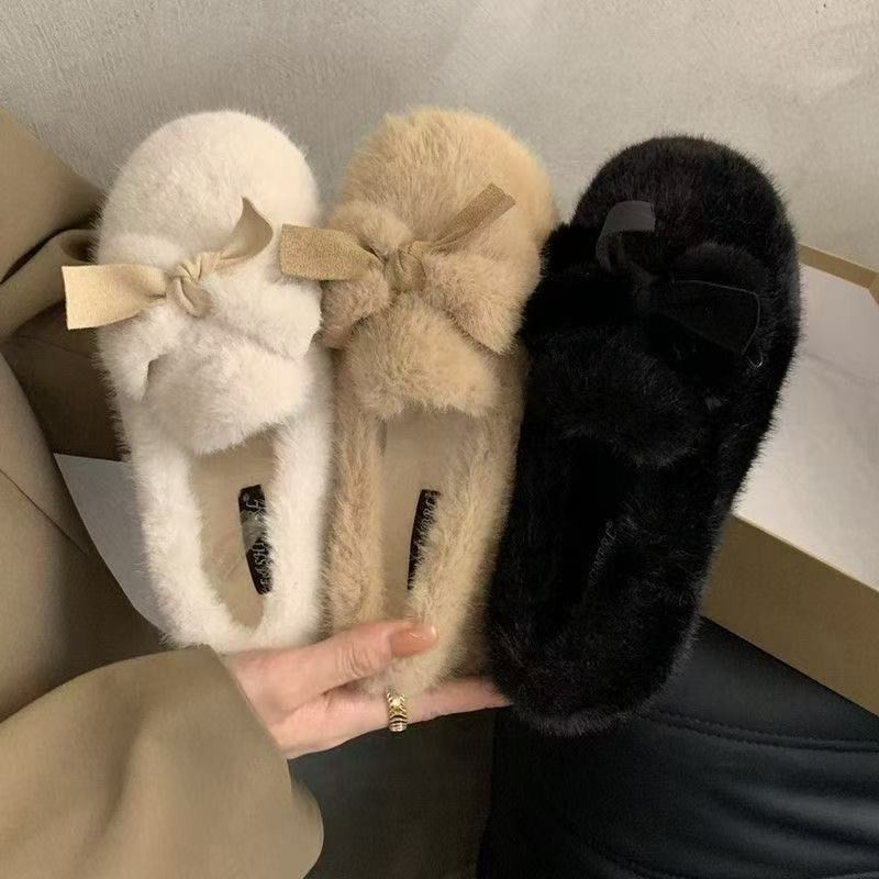 一脚蹬白色毛绒仙女毛毛鞋子女2025新款秋冬季外穿加绒孕妇豆豆鞋