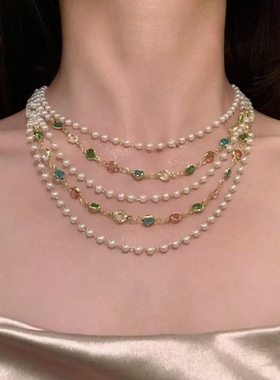 宫廷风多层彩钻珍珠叠戴项链女锁骨链高级感复古气质颈链新款长款