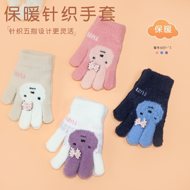 儿童手套秋冬季男童女童五指小学生骑车加绒保暖分指连指针织卡通