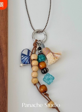 手工编织陶瓷猫眼流苏长款项链 小众设计彩色串珠复古毛衣链