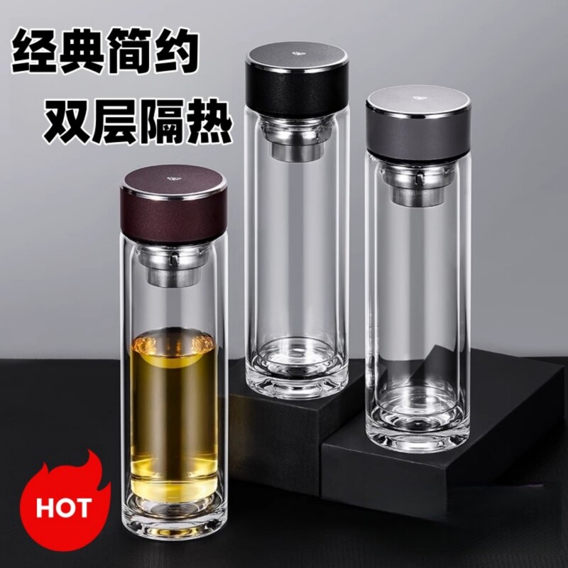 双层茶杯玻璃杯礼品杯水杯子男士家用办公车载耐高温隔热透明新款