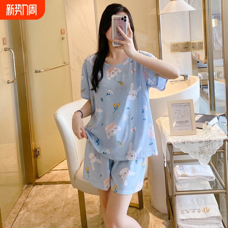 红豆短袖短裤棉绸睡衣女夏甜美空调家居服卡通少女可外穿学生绵绸