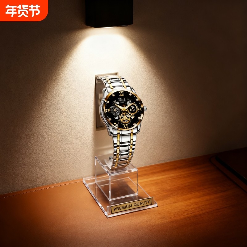 正品瑞士2024新款手表男士全自动机械风防水精钢带双日历男表夜光