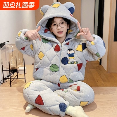 男童冬季加厚珊瑚绒夹棉睡衣套装