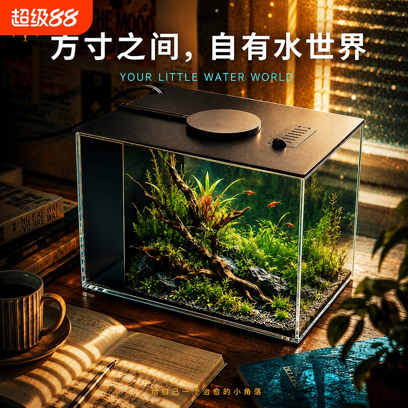 迷你桌面缸一体化小型生态鱼缸自循环过滤制氧斗鱼缸玻璃缸一体式