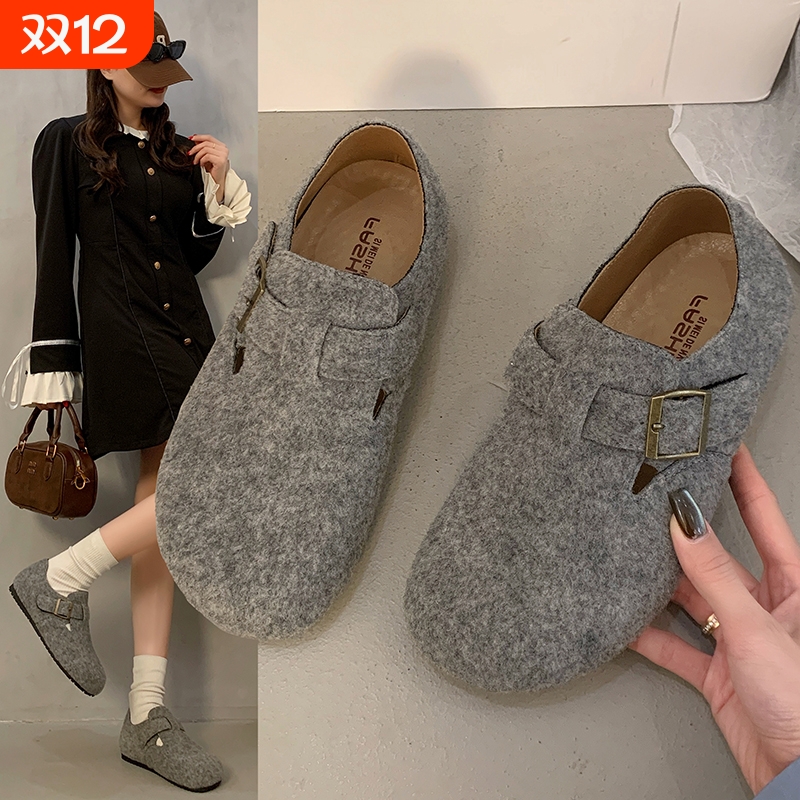 热风圈全包灰色勃肯鞋女鞋子2025新款春秋厚底爆款一脚蹬懒人鞋博