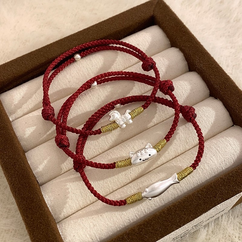 s999足银法棍猫锦鲤手链轻奢小众精致2026属马本命年红绳女款