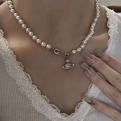 西太后土星别针珍珠项链女回形针手工串珠饰品辣妹小众配饰直发