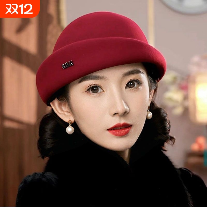 女士帽子礼物冬季2025新款潮妈纯羊毛妈妈款贝雷帽白色红色黑色
