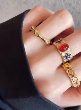 宫廷风复古金色珐琅五叶竹节锆石戒指新中式时尚高级感开口指环