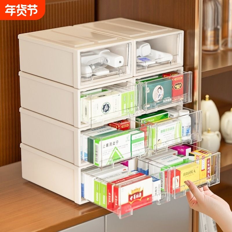 透明药箱家庭装药品收纳盒家用抽屉式办公桌面药物收纳杂物整理箱