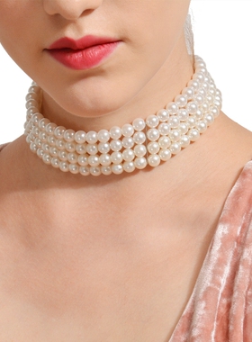 欧美时尚饰品 街拍流行大众款项链手工多层珍珠颈链项饰女choker